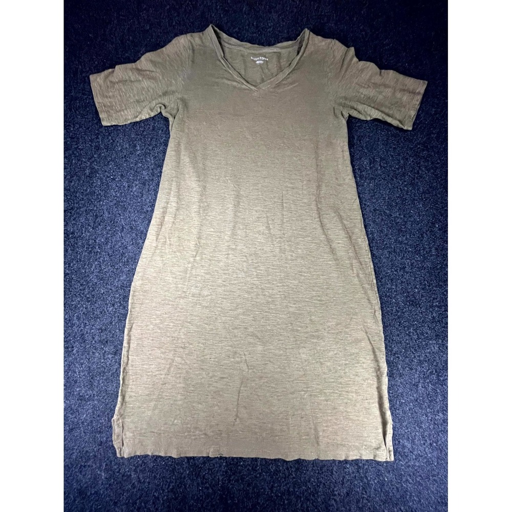 Eileen Fisher Shift Dress Womens 2XS Olive Green‎ Short Sleeve V Neck Side Slit